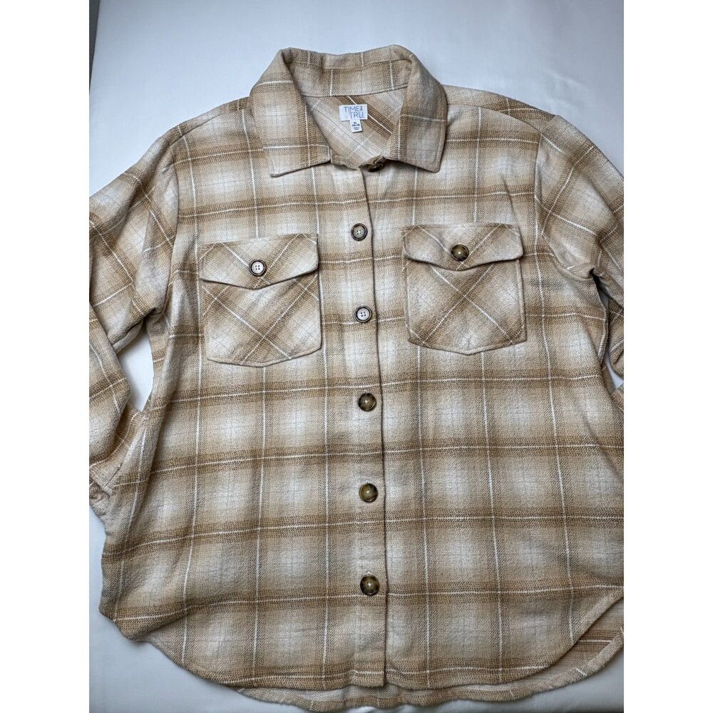 Time and Tru Women's XL 16-18 Tan Cream Plaid Flannel Shirt Jacket Oversized